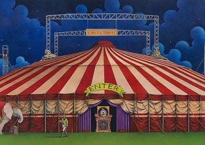 Circus Today - color pencil on wood drawing