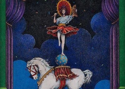 Dancer on Elephant - color pencil on wood drawing