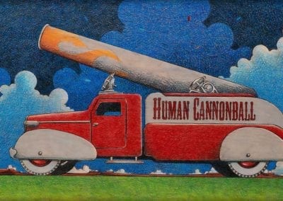 Human Cannonball Truck - color pencil on wood drawing