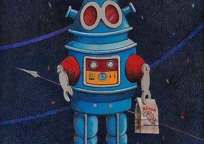 Robot with Happy Meal - color pencil on wood drawing